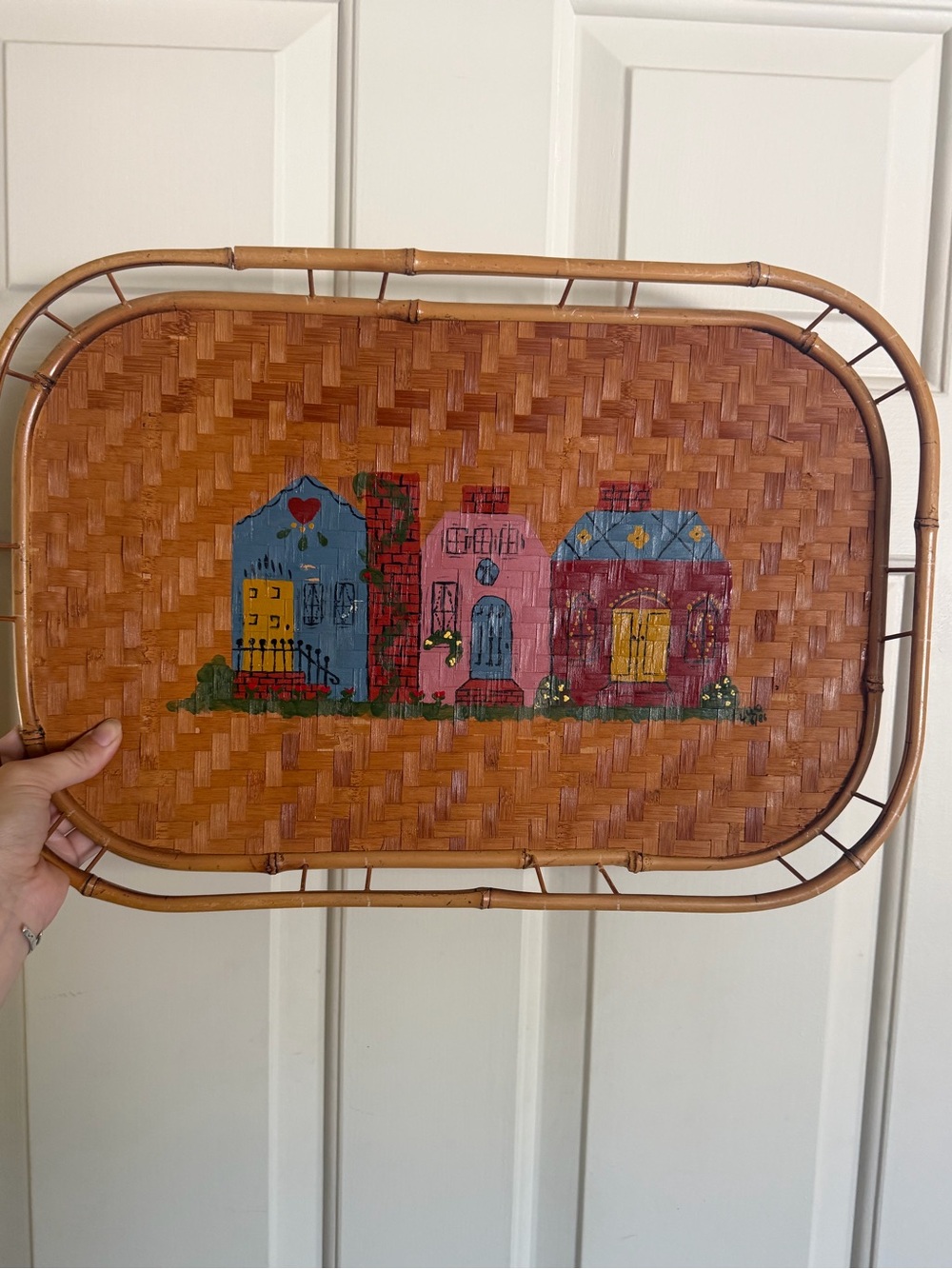 Heartland inspired Bamboo Serving Tray with Colorful House Motif - Brown